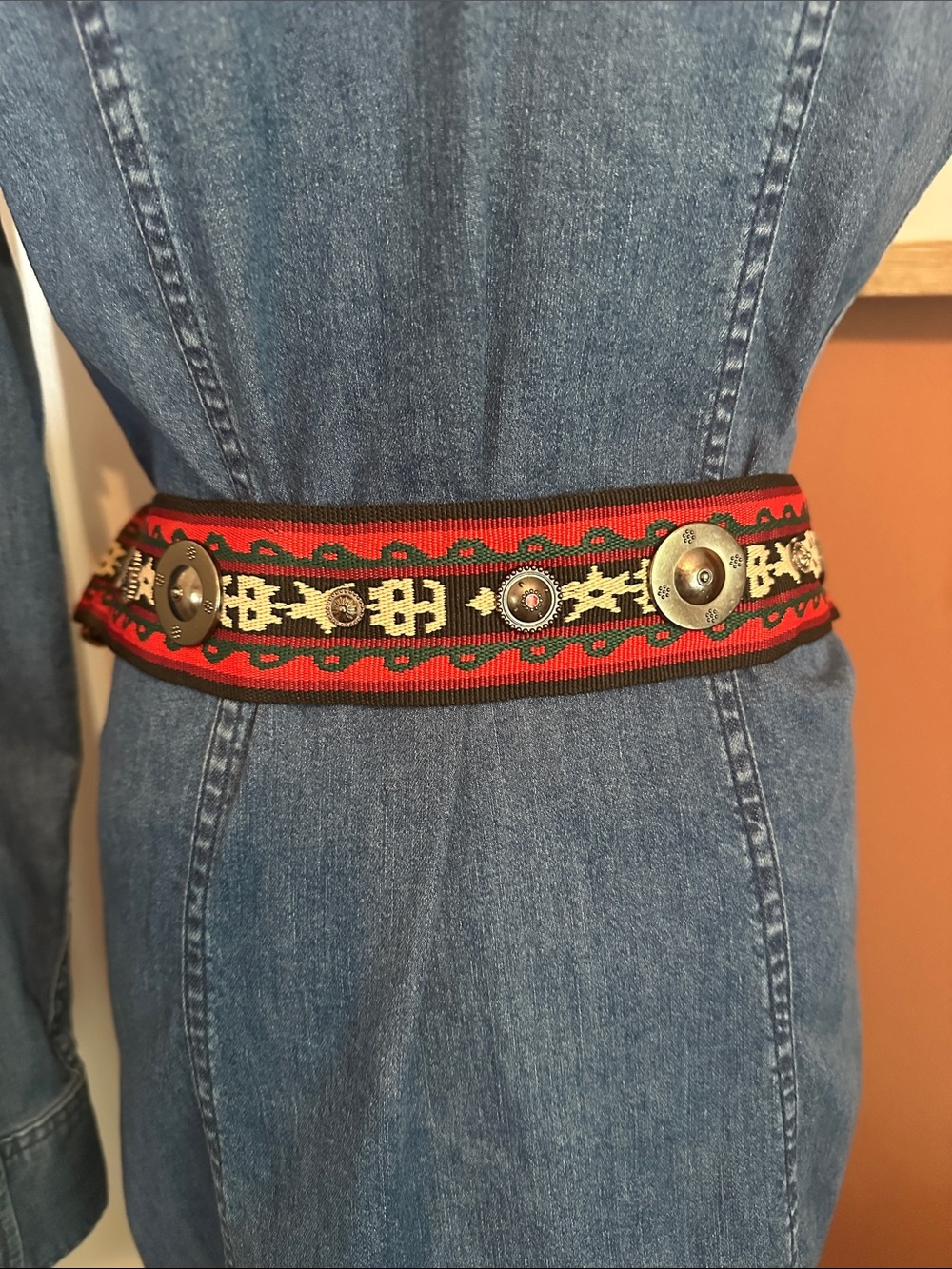 Southwestern inspired navy blue leather brass tone clasps medallions belt/strap - Picture 4 of 15